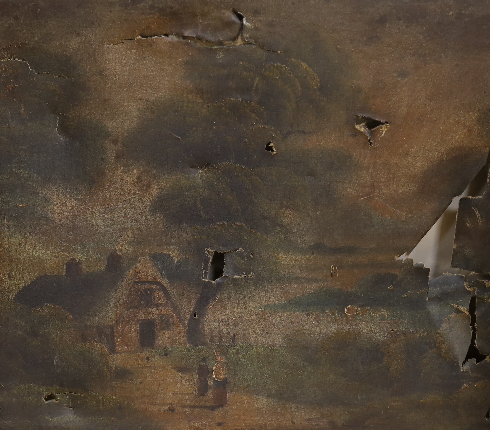 18th / 19th century English school, pair of oils on canvas, Pastoral landscapes (a.f), each 50 x 60cm, unframed